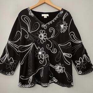 Metallic Black Size L Soutache 3D Embroidered Knit Top Western Rodeo Maximalist